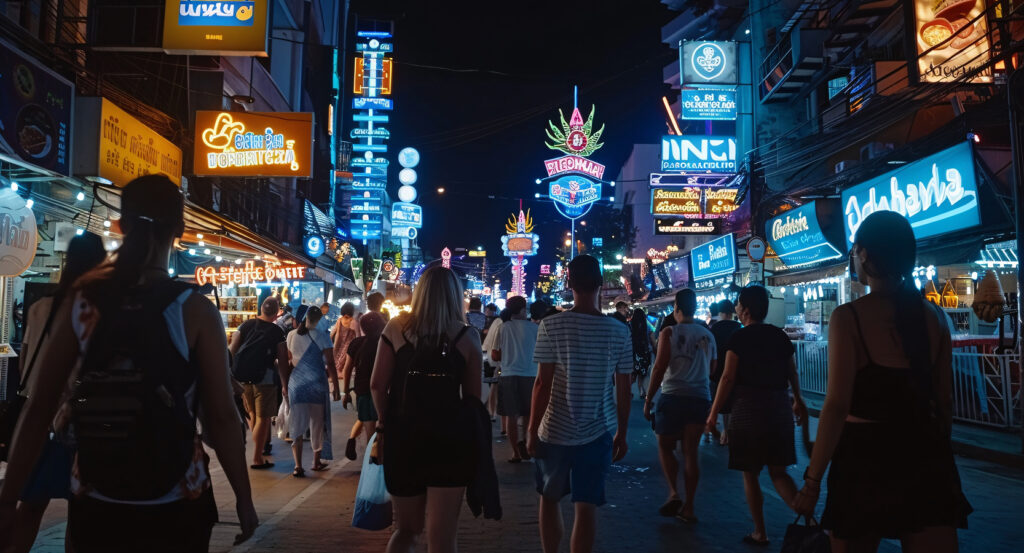 Colorful neon signs and bustling nightlife on Khao San Road, Bangkok