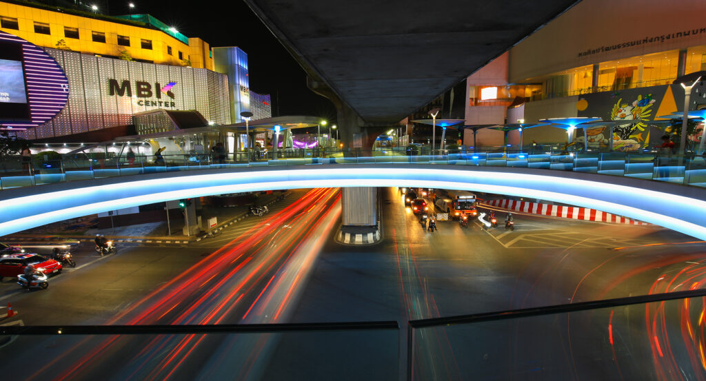 Colorful night view of MBK Center in Bangkok with neon lights