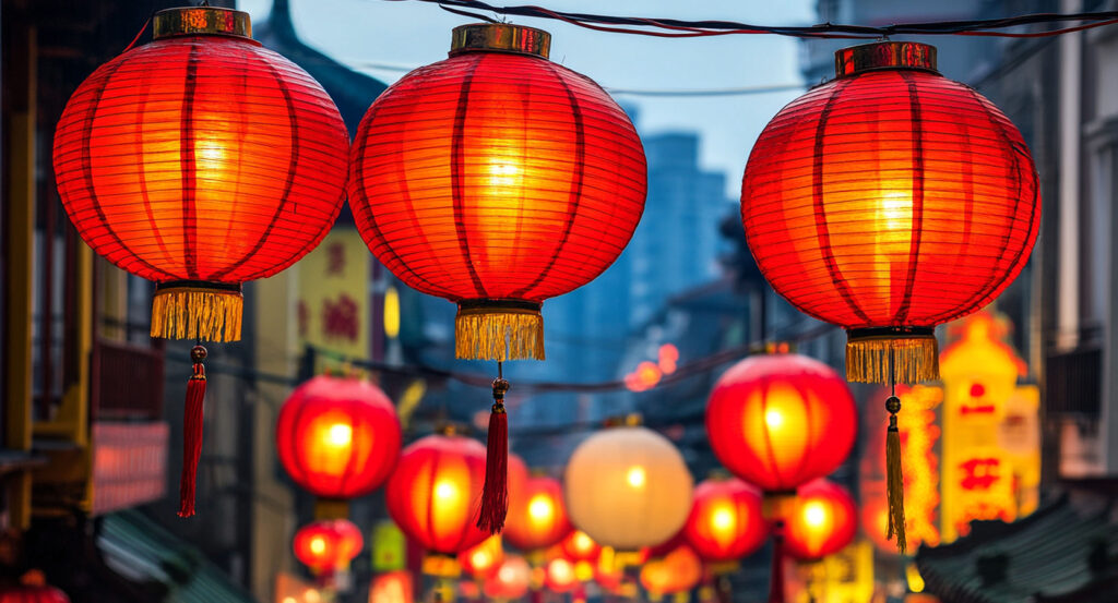 Red lanterns glowing above a Chinatown street in Bangkok