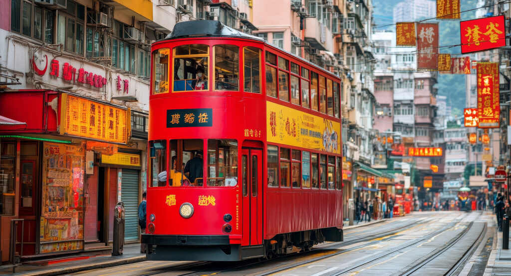 Double-decker tram rolling through Hong Kong's city center with shops and signs
