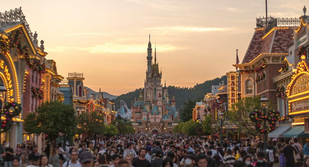 Fireworks display over Hong Kong Disneyland at night
