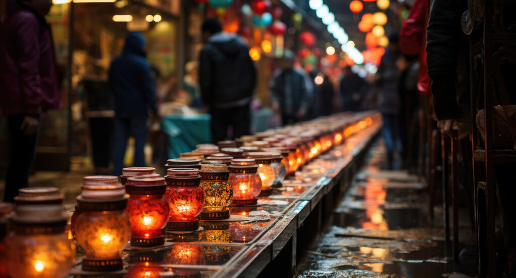 Colorful stalls and crowds at Temple Street Night Market in Hong Kong