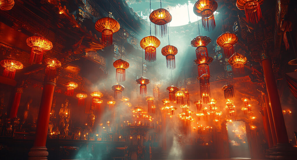 Incense smoke filling Man Mo Temple with dramatic light
