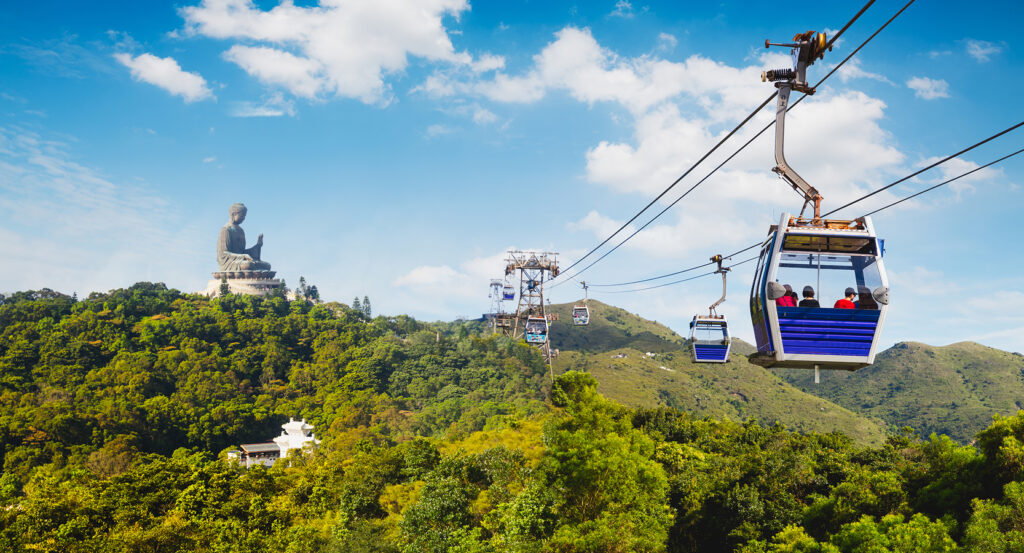 View of Big Buddha from Ngong Ping 360 cable car ride in Hong Kong