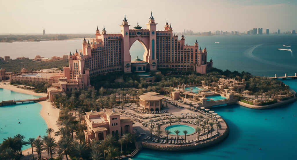 Atlantis, The Palm hotel surrounded by pools and coastline