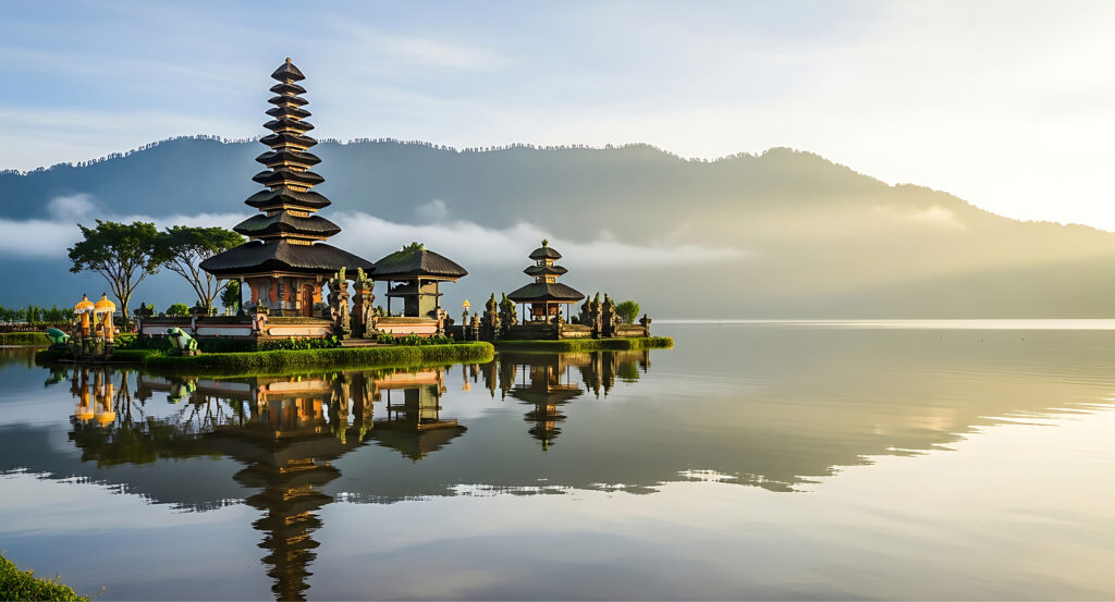 Scenic view of Bali’s Ulun Danu Bratan Temple with mountain backdrop