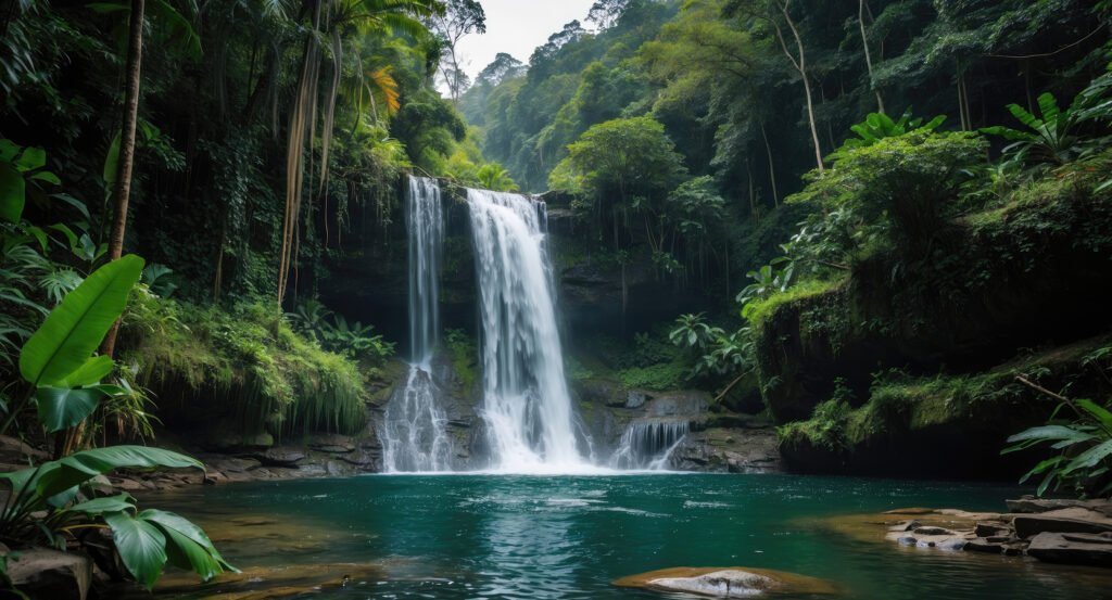 Scenic view of Tegenungan Waterfall cascading into a green pool