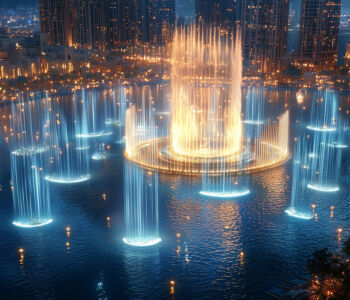 Dubai Fountain illuminated at night during a choreographed water show