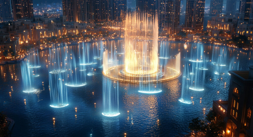 Water jets of the Dubai Fountain performing against the city skyline