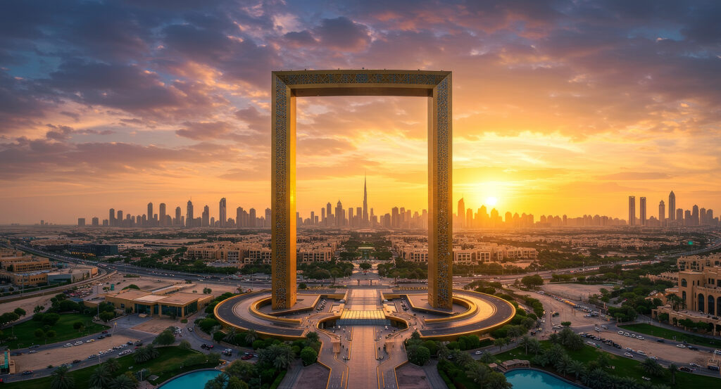 Aerial view of Dubai Frame glowing at dusk
