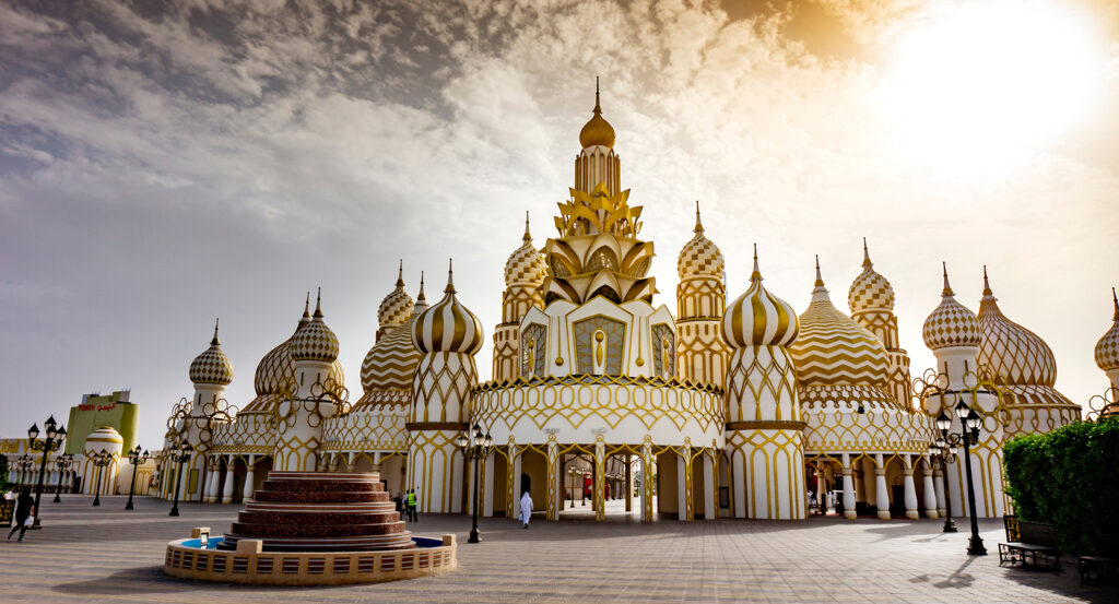 Evening lights and crowds at Dubai's Global Village