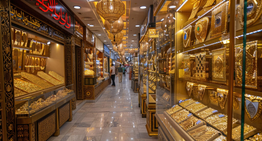 Jewelry displays overflowing with gold necklaces and bangles at Dubai Gold Souk