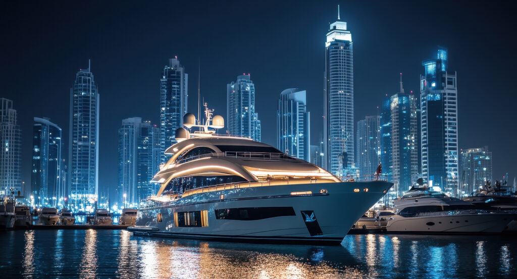 Dubai Marina skyline with yachts and high-rise towers glowing at night
