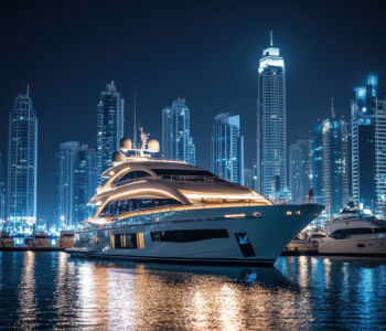 Luxury yacht docked at Dubai Marina with illuminated skyline at night
