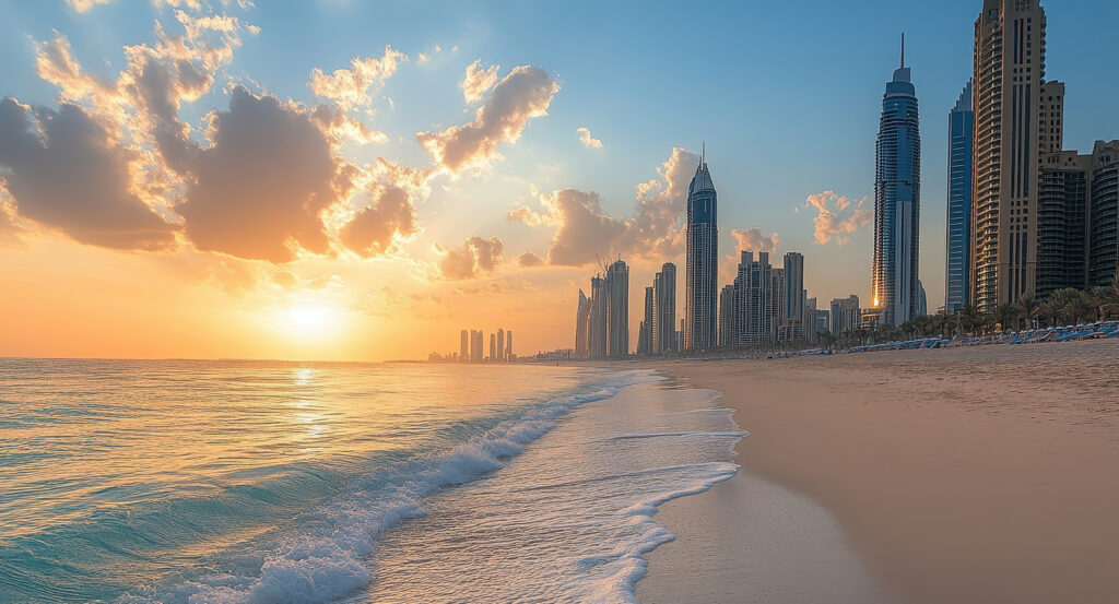Dubai skyline overlooking Jumeirah Beach at sunset