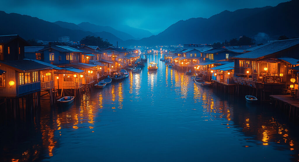 Evening view of Tai O Fishing Village with boats along the canal and glowing lights