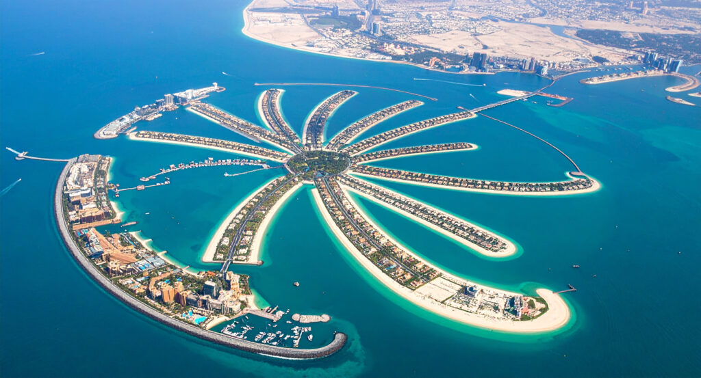 Iconic Palm Jumeirah surrounded by turquoise waters in Dubai