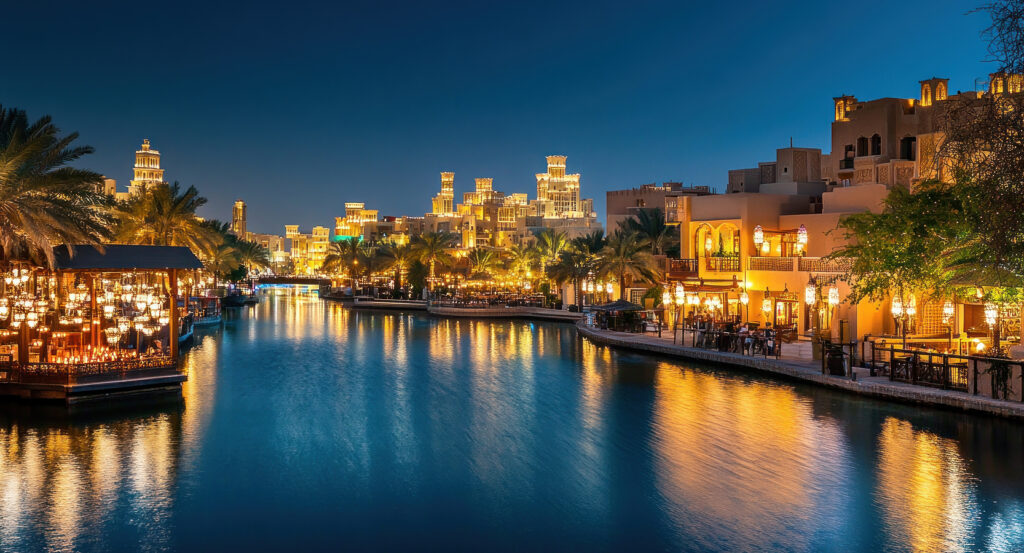 Lantern-lit canals of Souk Madinat Jumeirah at night