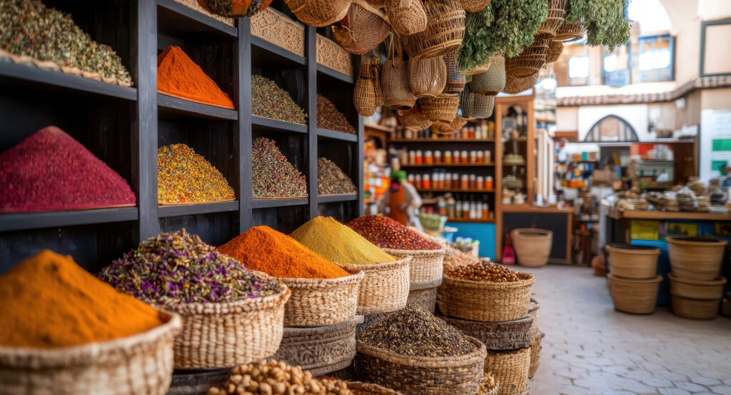 Traditional spice market with herbs and baskets in Dubai