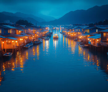 Night view of Tai O fishing village with stilt houses reflected on the water.