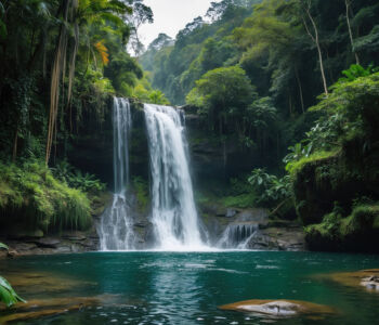 Tegenungan Waterfall surrounded by lush jungle in Bali