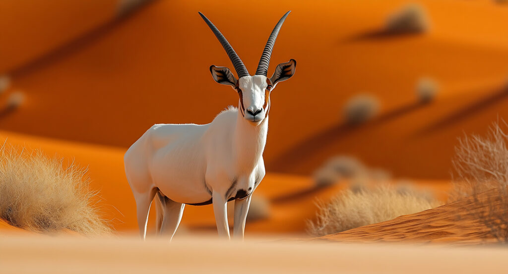 Wide desert landscape at Dubai Desert Conservation Reserve with golden sand and wildlife
