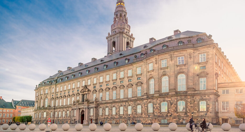 Front view of Christiansborg Palace with tower in Copenhagen