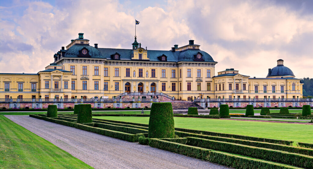 Symmetrical gardens leading to Drottningholm Palace in Stockholm