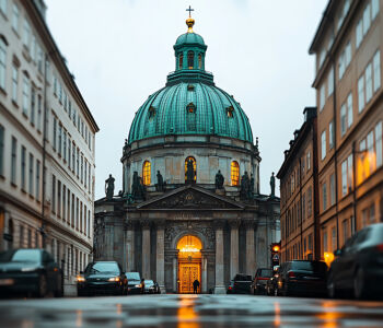 Dome of Frederik’s Church in Copenhagen framed by city buildings