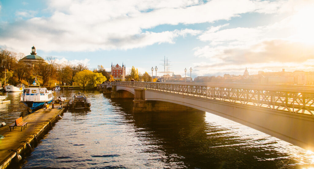 Golden crown ornament on Skeppsholmsbron bridge in Stockholm