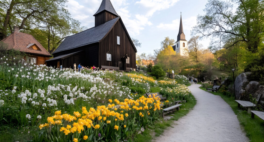 Path through Skansen with historic church and blooming tulips in Stockholm