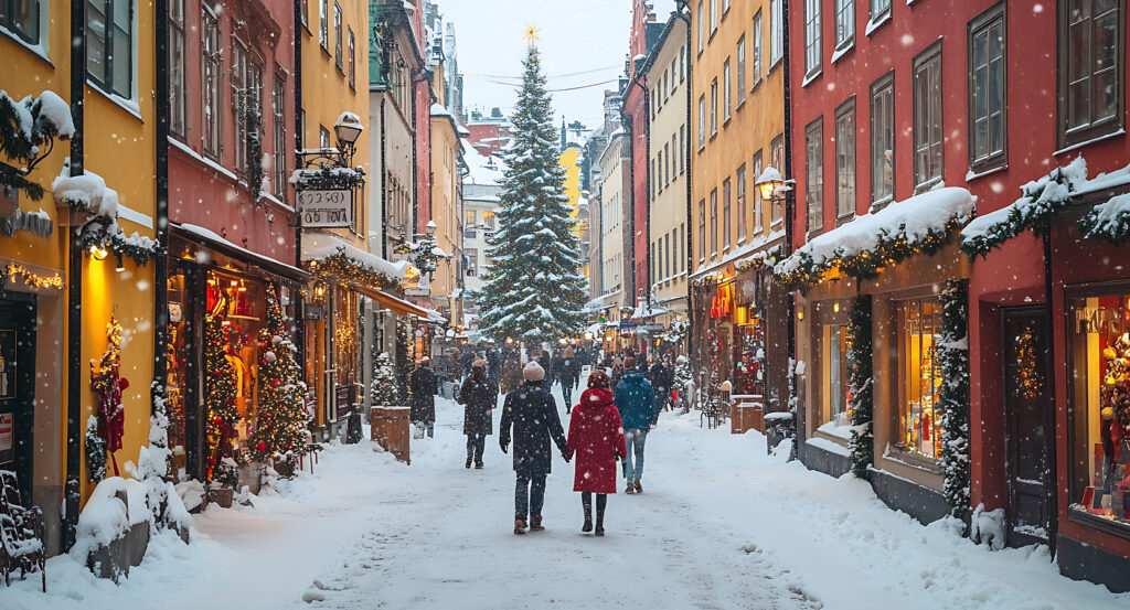 Christmas market tree and colorful buildings in Gamla Stan, Stockholm during snowfall.