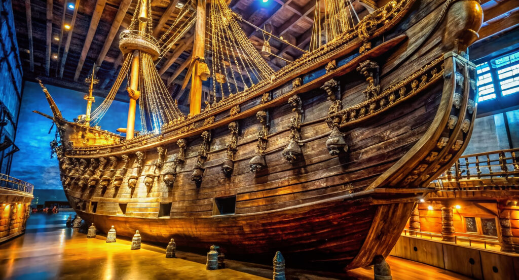 Interior view of Stockholm’s Vasa Museum showcasing the full ship