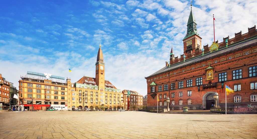 Wide view of City Hall Square in Copenhagen with iconic City Hall tower