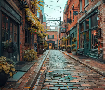 Cobblestone street in Toronto’s Distillery District lined with historic brick buildings, cafés, and warm storefronts.