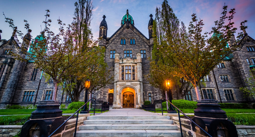 Historic entrance of the University of Toronto at sunset