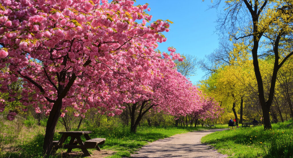 Pathway lined with pink blossoms at High Park in Toronto