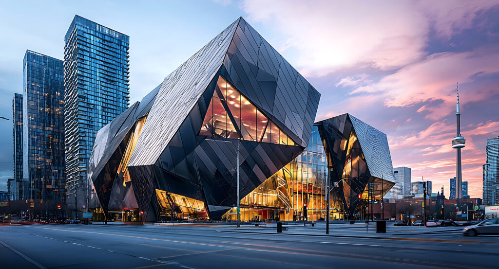Exterior of the ROM at sunset with CN Tower in background
