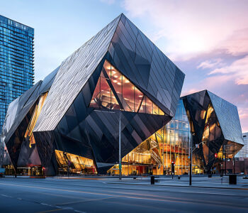The Royal Ontario Museum in Toronto with its striking crystal-inspired modern architecture at dusk.