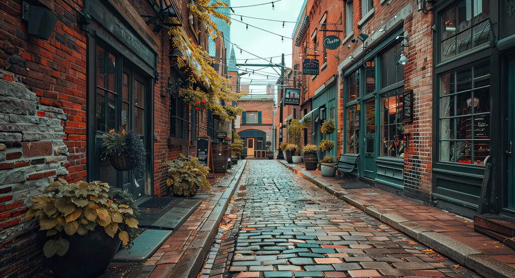 Shops and cafes in Toronto’s Distillery District at dusk