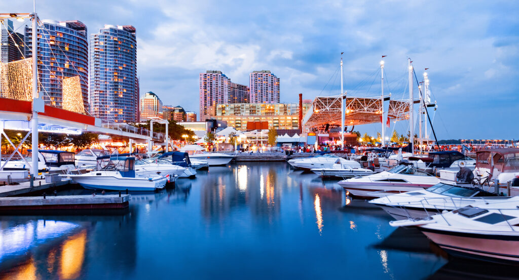 Harbourfront Centre marina with city skyline views