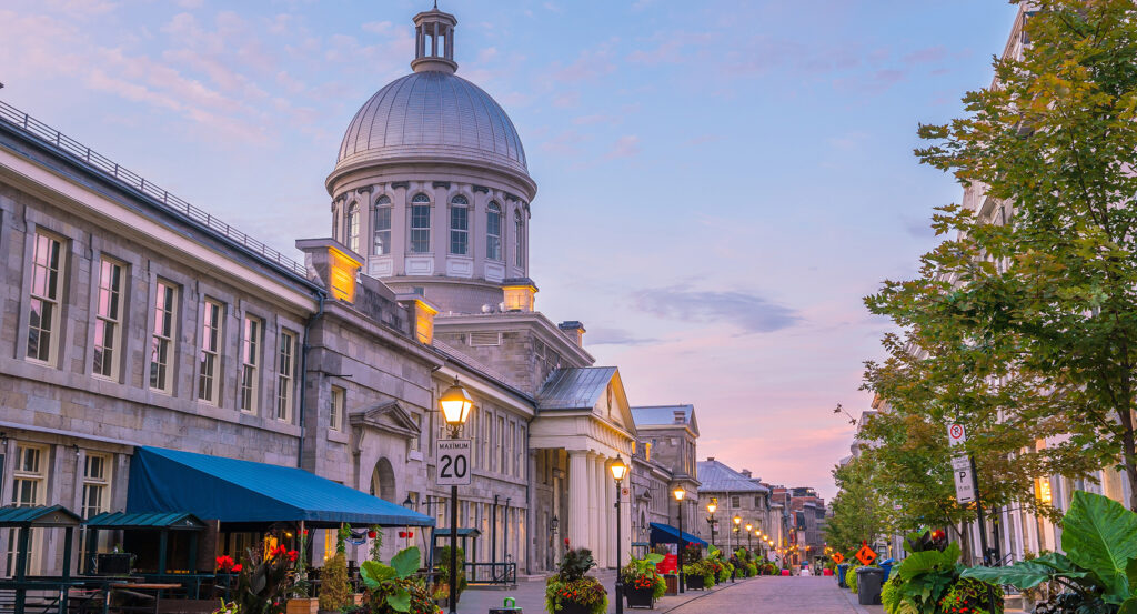 Cobblestone street and historic architecture in Old Montreal