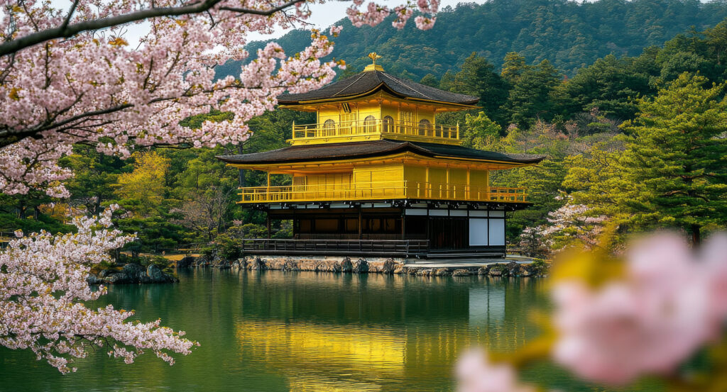 Kyoto’s Golden Pavilion surrounded by spring cherry blossoms