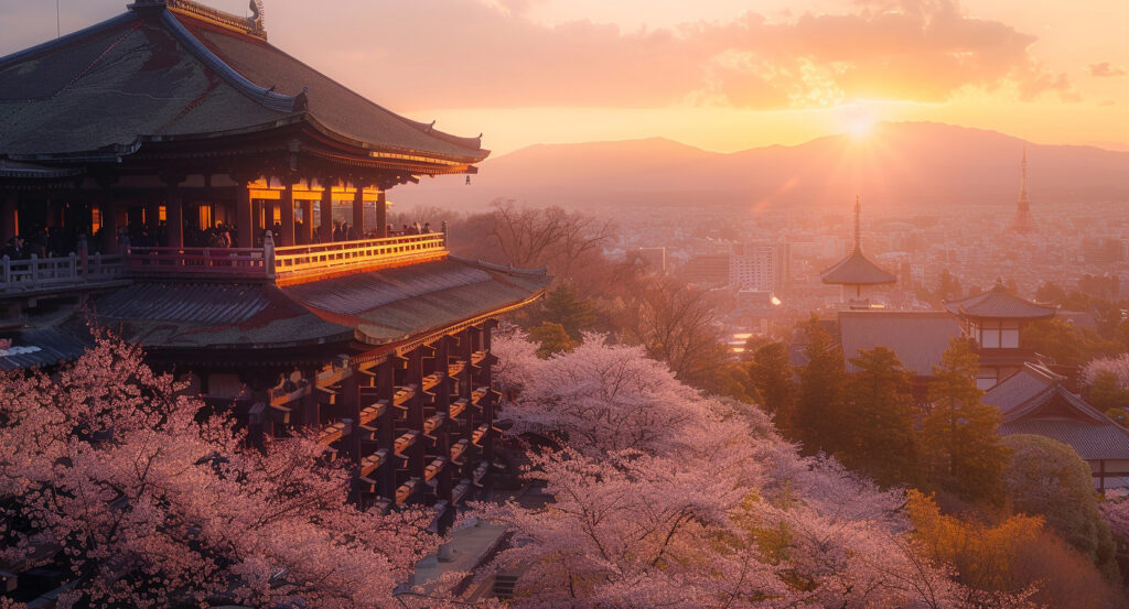 Kiyomizudera Temple framed by cherry blossoms in Kyoto