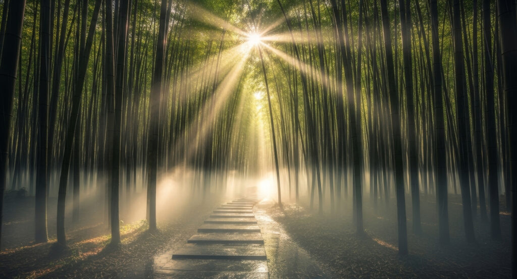 Stone path leading through Kyoto’s Arashiyama Bamboo Grove at sunrise