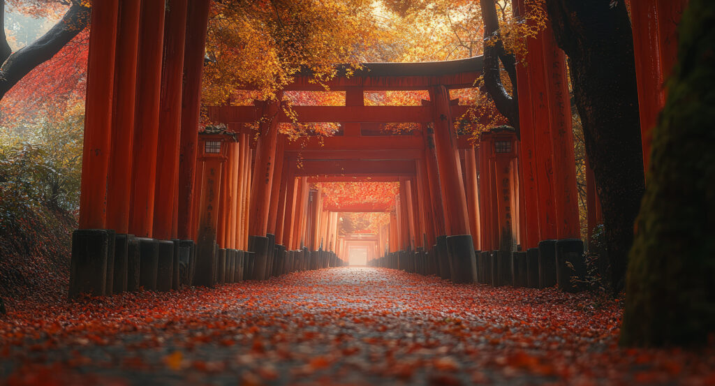 Autumn leaves over Fushimi Inari Taisha gates in Kyoto