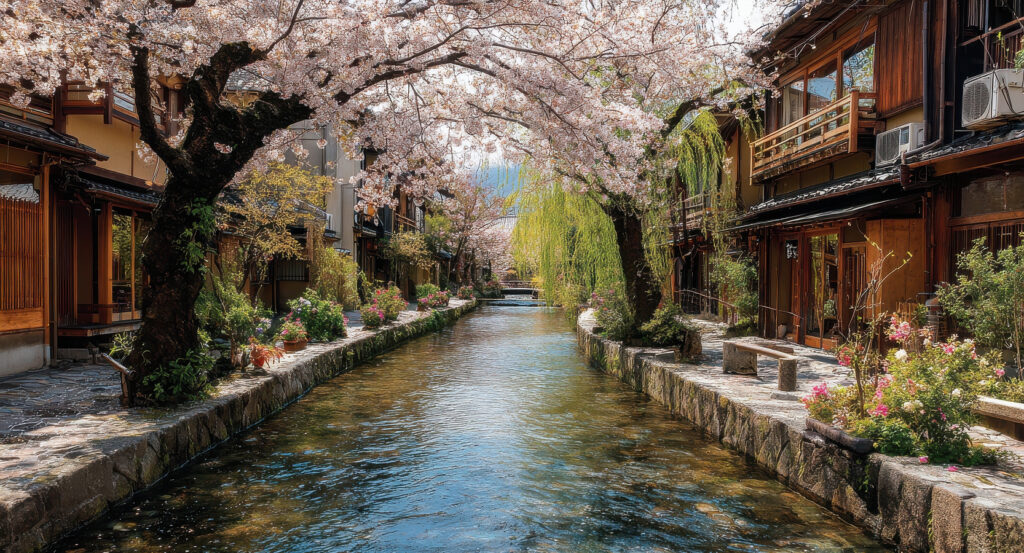 Traditional wooden houses lining Kyoto’s Gion District canal