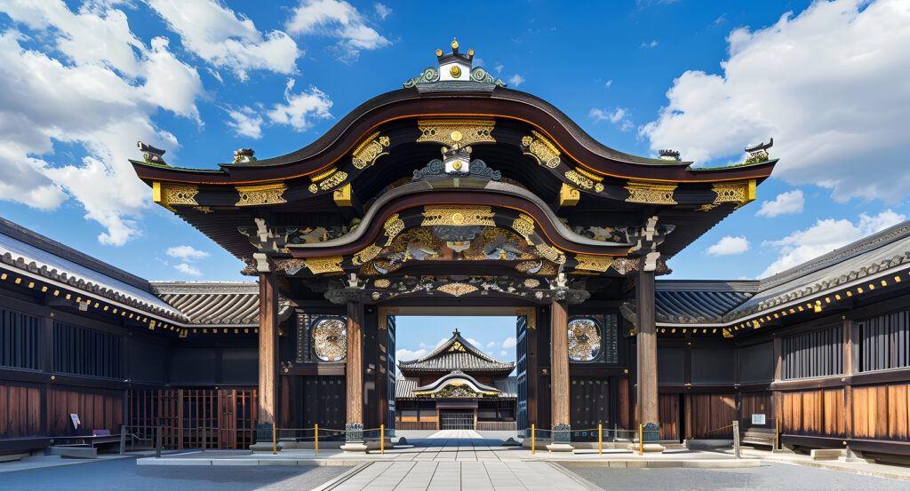 Ornate entrance gate of Nijo Castle in Kyoto, Japan