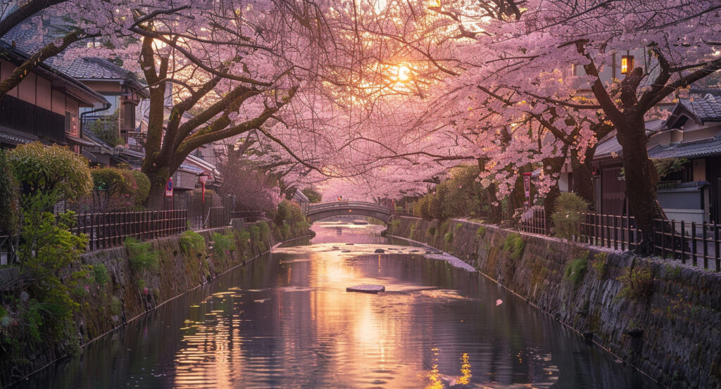 Canal walkway lined with sakura trees at Philosopher’s Path in Kyoto