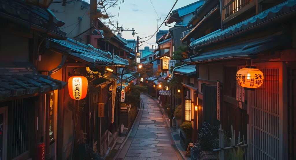 Narrow Pontocho Alley glowing with lights in Kyoto